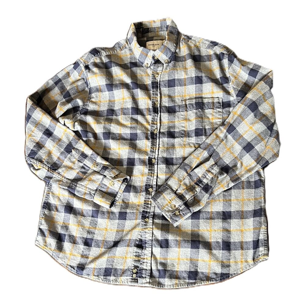 Men's Goodfellow & Co 100% Cotton Navy/Gray/Yellow Plaid Flannel Shirt, Size XL